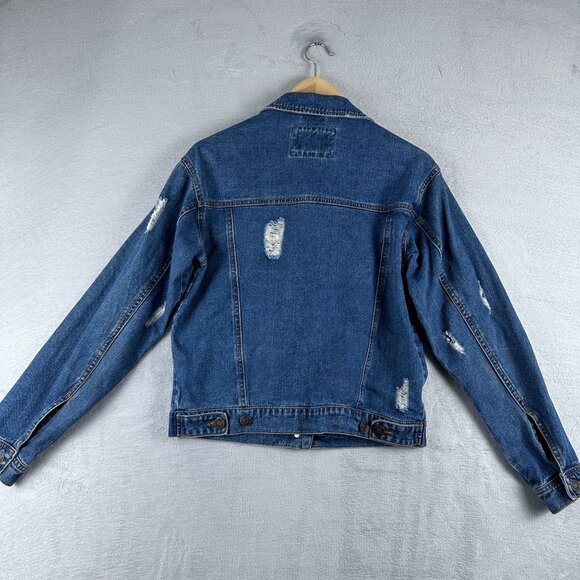 Forever 21 Denim Jacket Distressed Womens Size Small Button Front Blue - Picture 3 of 12